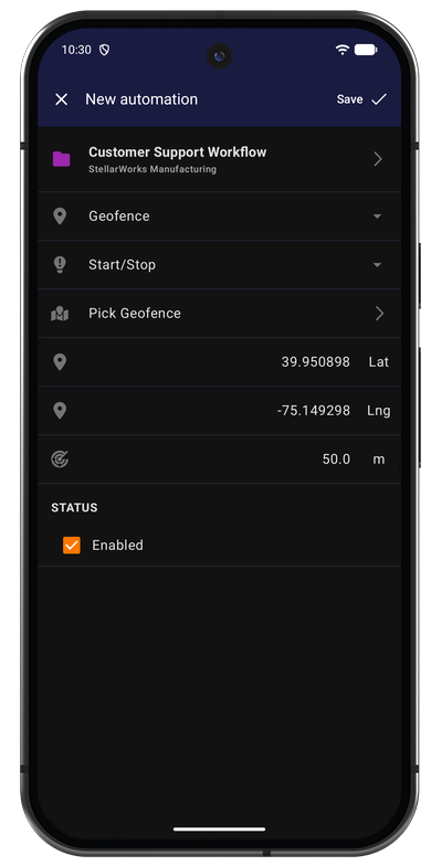 Geofence automation form in the Android app with project, radius, and trigger action