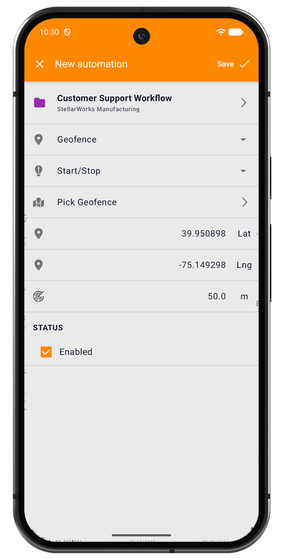 Geofence automation form in the Android app with project, radius, and trigger action