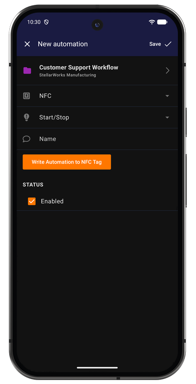 NFC automation form in the Android app linking a tag to a project and trigger action
