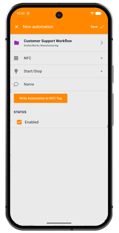 NFC automation form in the Android app linking a tag to a project and trigger action
