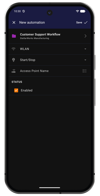 Wi-Fi automation form in the Android app selecting a network and the project to track