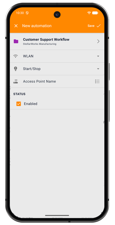 Wi-Fi automation form in the Android app selecting a network and the project to track