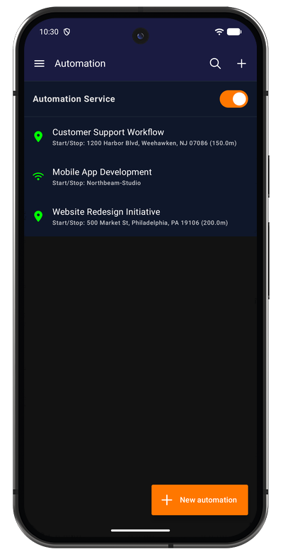 Automation list in the Android app showing geofence and Wi-Fi triggers