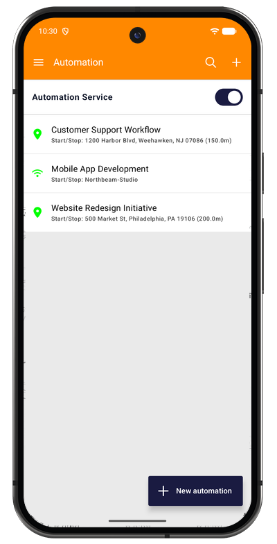 Automation list in the Android app showing geofence and Wi-Fi triggers