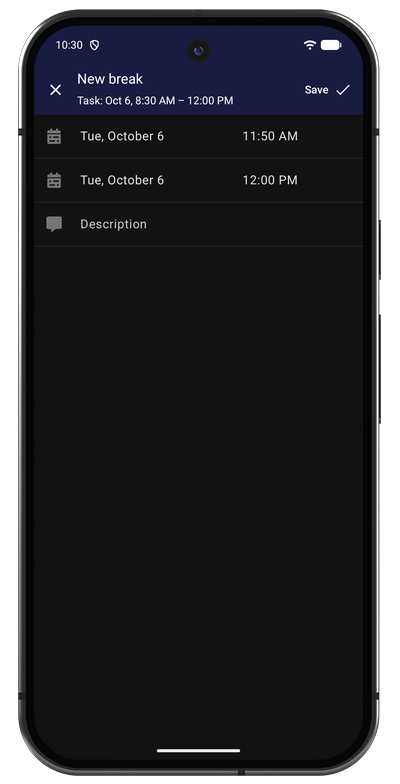 Break entry form in the Android app with start time, end time, and description