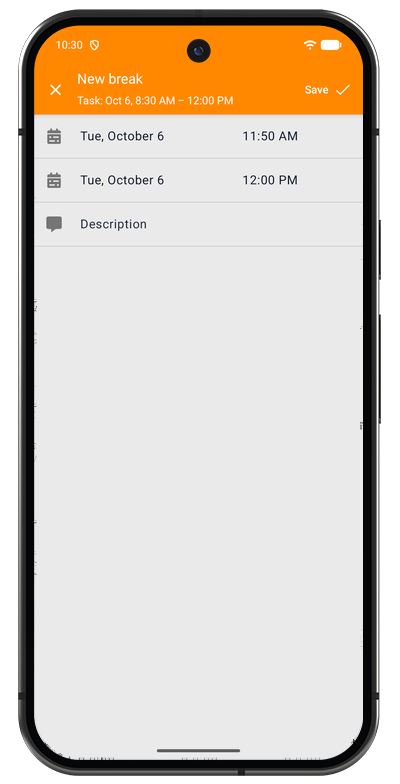 Break entry form in the Android app with start time, end time, and description