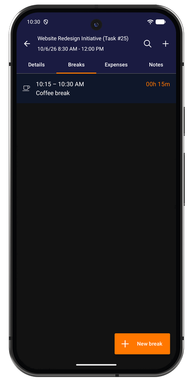 Break list in the Android app with each logged break, its start time, and duration