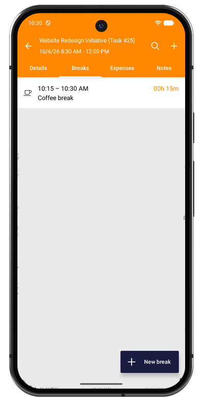 Break list in the Android app with each logged break, its start time, and duration