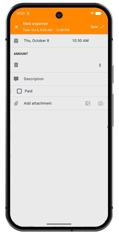Expense entry form in the Android app with description, amount, and receipt photo