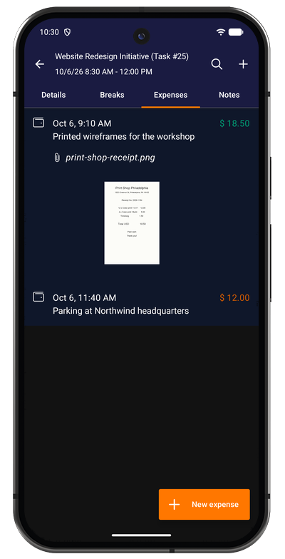 Expense list in the Android app showing logged expenses with amounts and receipts