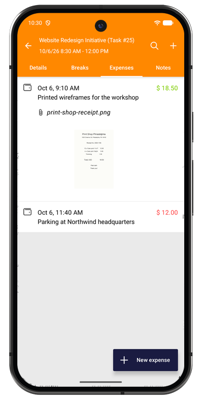 Expense list in the Android app showing logged expenses with amounts and receipts