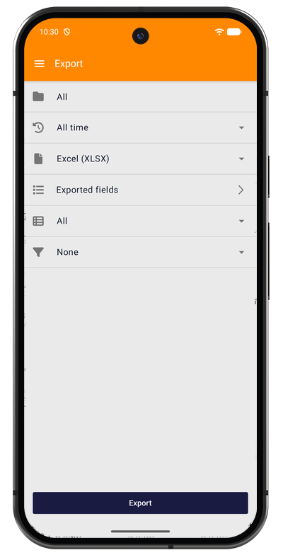 Export screen in the Android app with project filter, time period, and format options