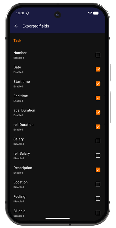 Export field selection in the Android app with a toggle for each column