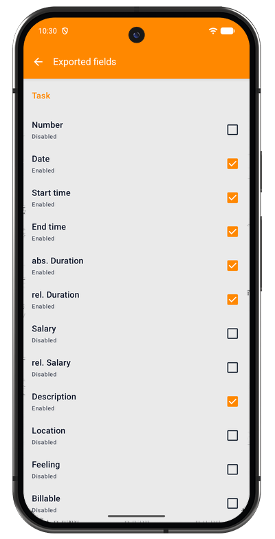Export field selection in the Android app with a toggle for each column