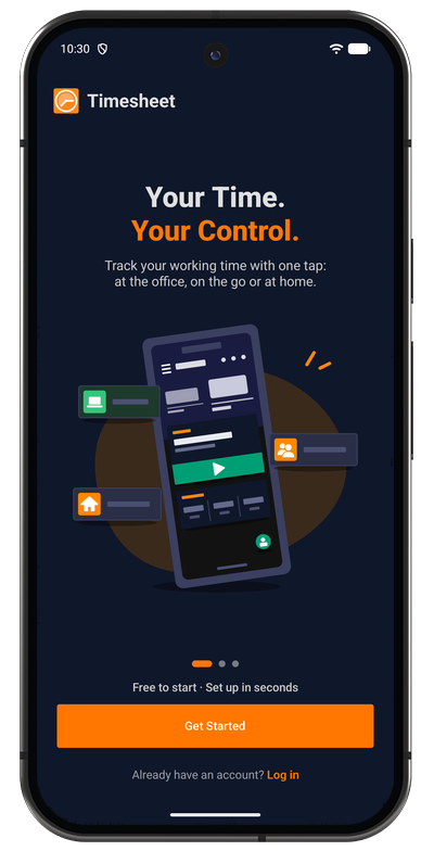 Android app welcome screen with the Get Started button and a link to log in