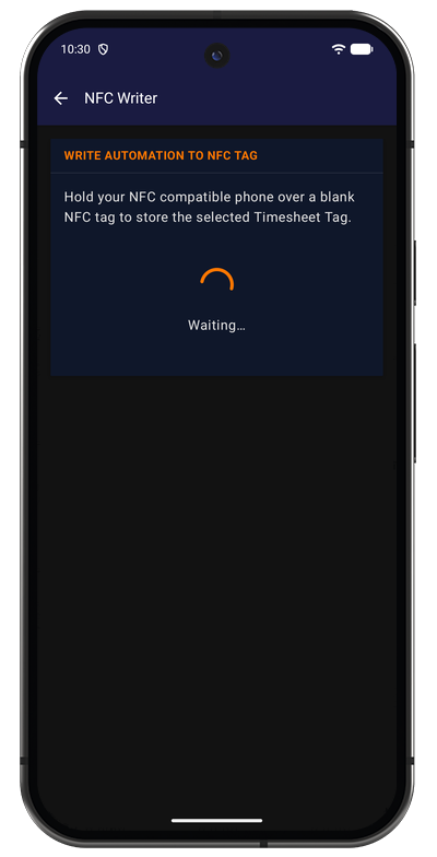 NFC tag writer in the Android app waiting for a tag to be held against the phone