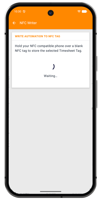NFC tag writer in the Android app waiting for a tag to be held against the phone