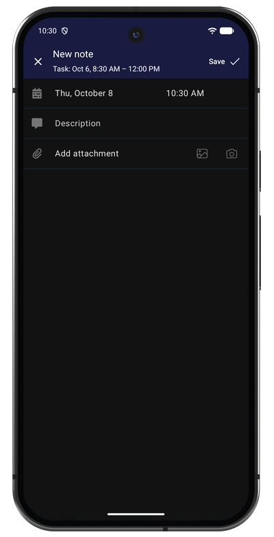 Note entry form in the Android app for adding a note to a tracked task