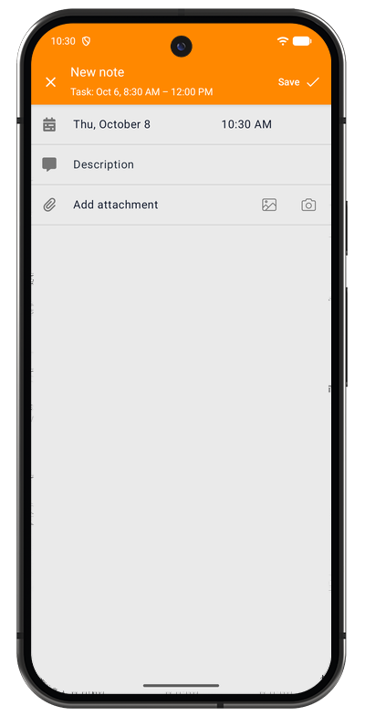 Note entry form in the Android app for adding a note to a tracked task