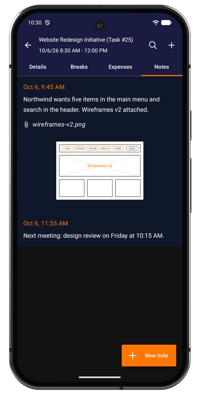 Note list in the Android app showing notes attached to a tracked task