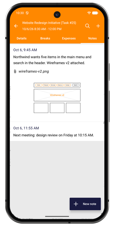 Note list in the Android app showing notes attached to a tracked task