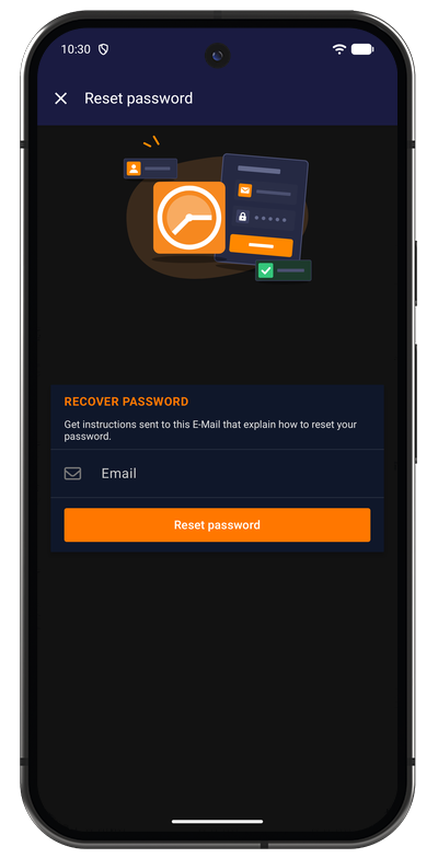 Password reset screen in the Android app asking for the account email address