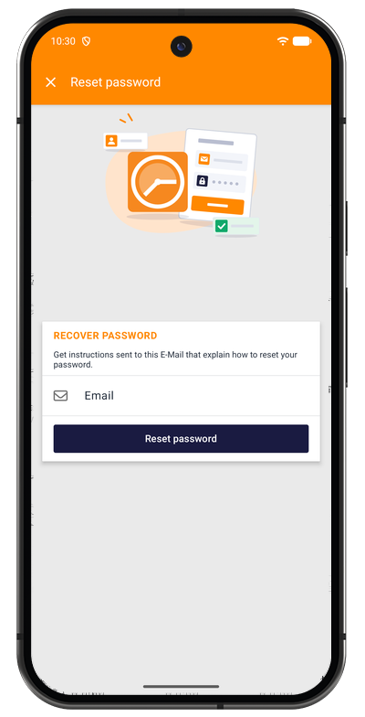 Password reset screen in the Android app asking for the account email address