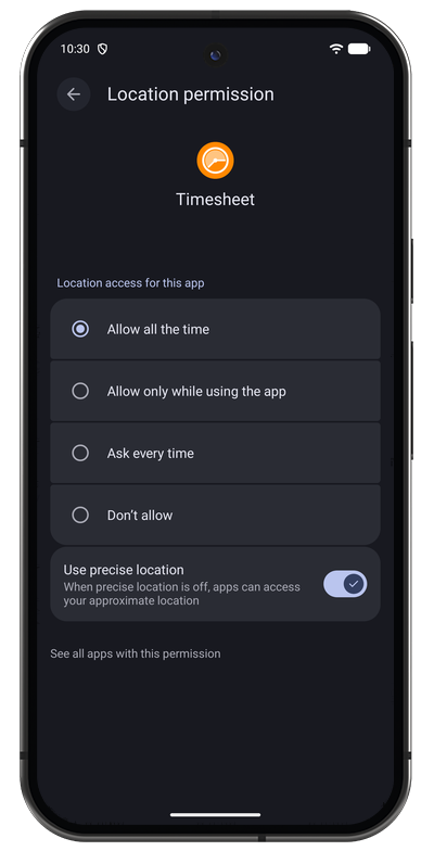 Android location permission prompt required for geofence based time tracking