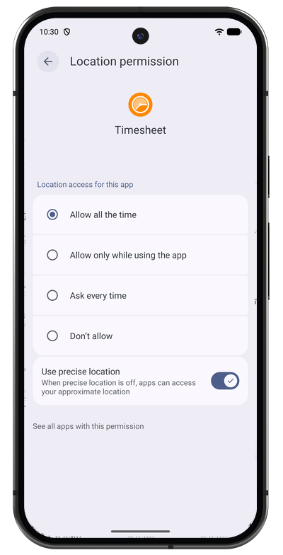 Android location permission prompt required for geofence based time tracking