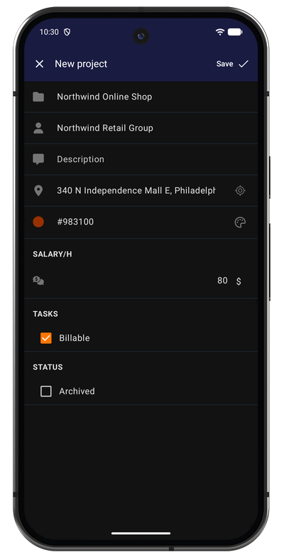 New project form in the Android app with name, color, rate, and team fields