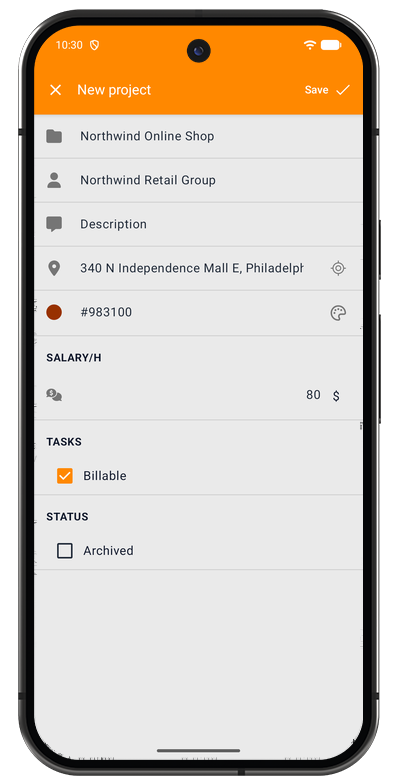 New project form in the Android app with name, color, rate, and team fields