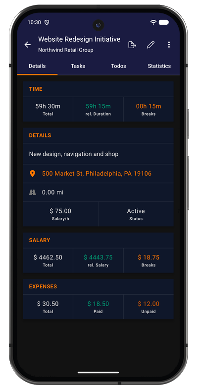 Project details in the Android app with Details, Tasks, Todos, and Statistics tabs