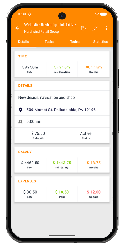 Project details in the Android app with Details, Tasks, Todos, and Statistics tabs