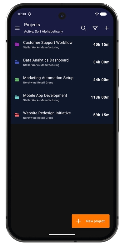 Project list in the Android app showing projects with their colors and tracked totals