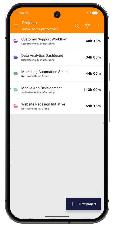 Project list in the Android app showing projects with their colors and tracked totals