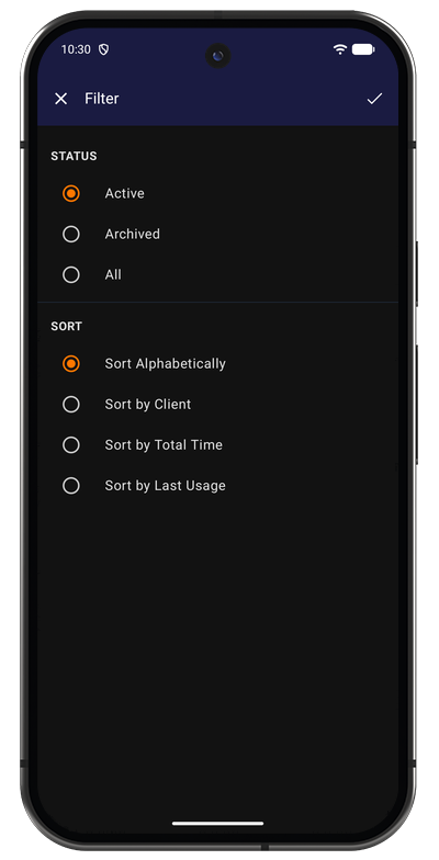 Project list filter and sort options in the Android app