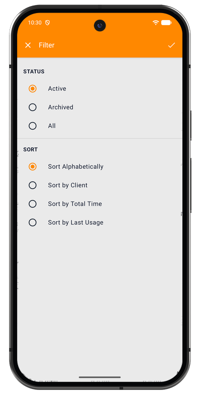 Project list filter and sort options in the Android app