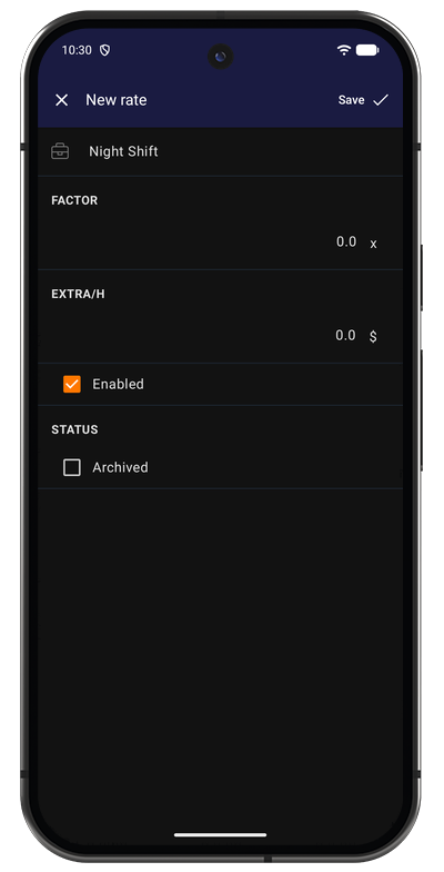 New rate form in the Android app with title, factor, and extra amount per hour