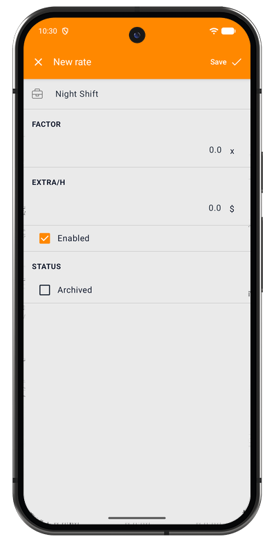 New rate form in the Android app with title, factor, and extra amount per hour