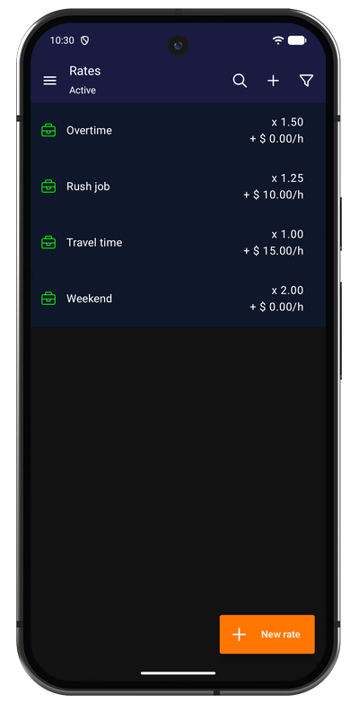 Rate list in the Android app showing standard, overtime, and weekend rates