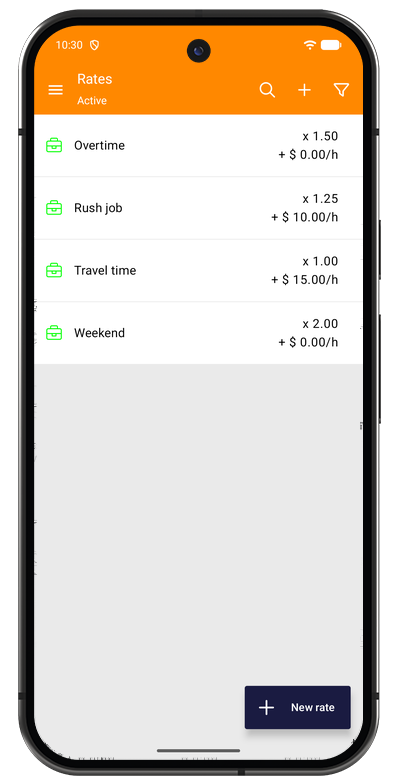 Rate list in the Android app showing standard, overtime, and weekend rates