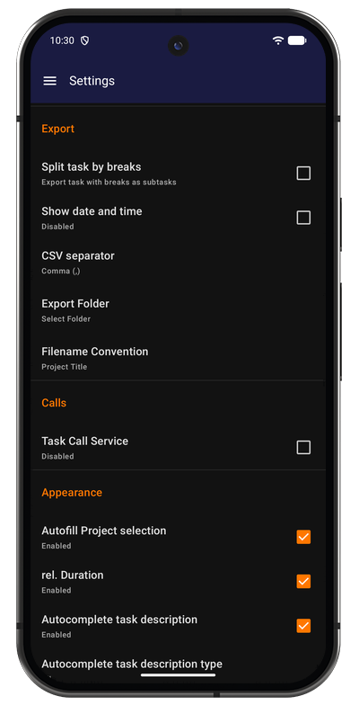 Export settings in the Android app with CSV separator, export folder, and filename options