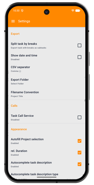 Export settings in the Android app with CSV separator, export folder, and filename options