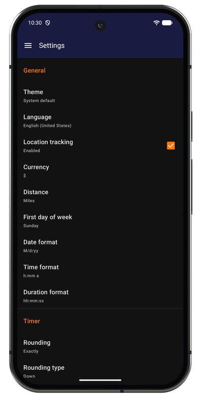 General settings in the Android app with theme, language, currency, and date format