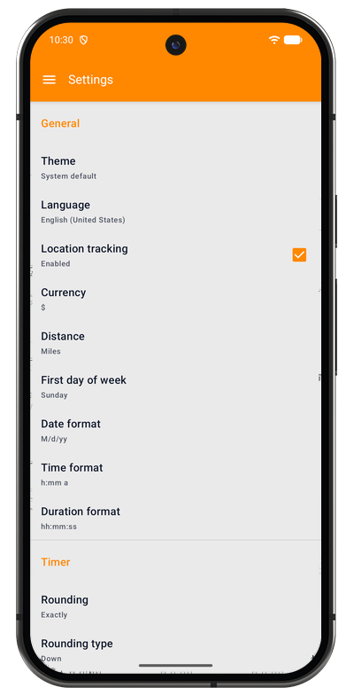 General settings in the Android app with theme, language, currency, and date format