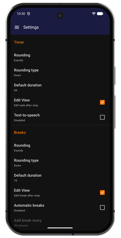 Timer settings in the Android app with rounding, default duration, and edit view options