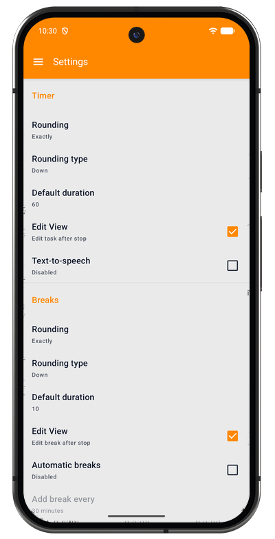 Timer settings in the Android app with rounding, default duration, and edit view options
