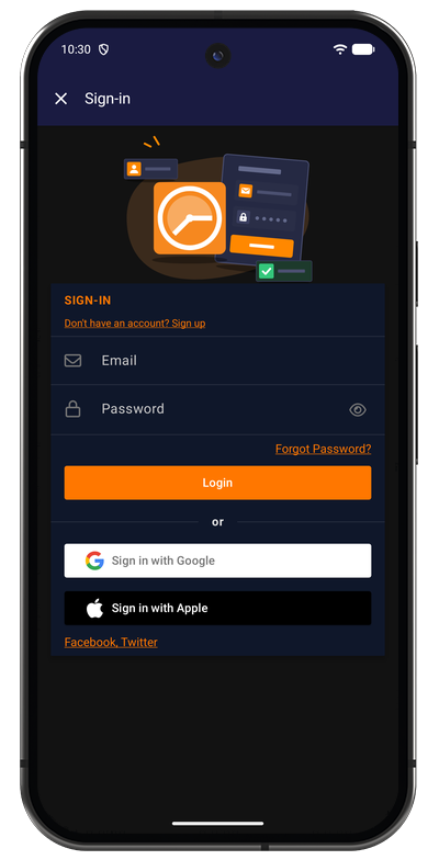 Sign in screen in the Android app with email and password fields, a Forgot Password? link and buttons for Google and Apple