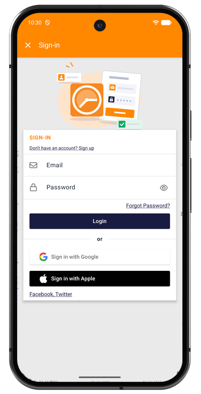 Sign in screen in the Android app with email and password fields, a Forgot Password? link and buttons for Google and Apple