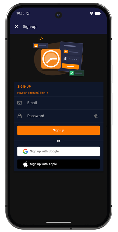 Sign up screen in the Android app with email and password fields and buttons for Google and Apple